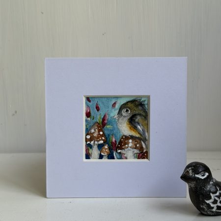 Mounted Original Watercolour ACEO Whimsical Bird with Mushrooms