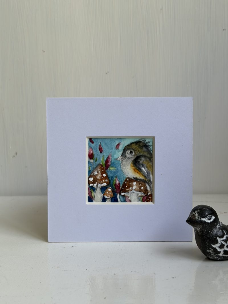 Mounted Original Watercolour ACEO Whimsical Bird with Mushrooms