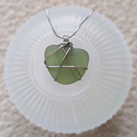 Handmade Olive Green Sea Glass Necklace with Stainless Steel Chain