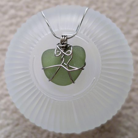 Handmade Olive Green Sea Glass Necklace with Stainless Steel Chain