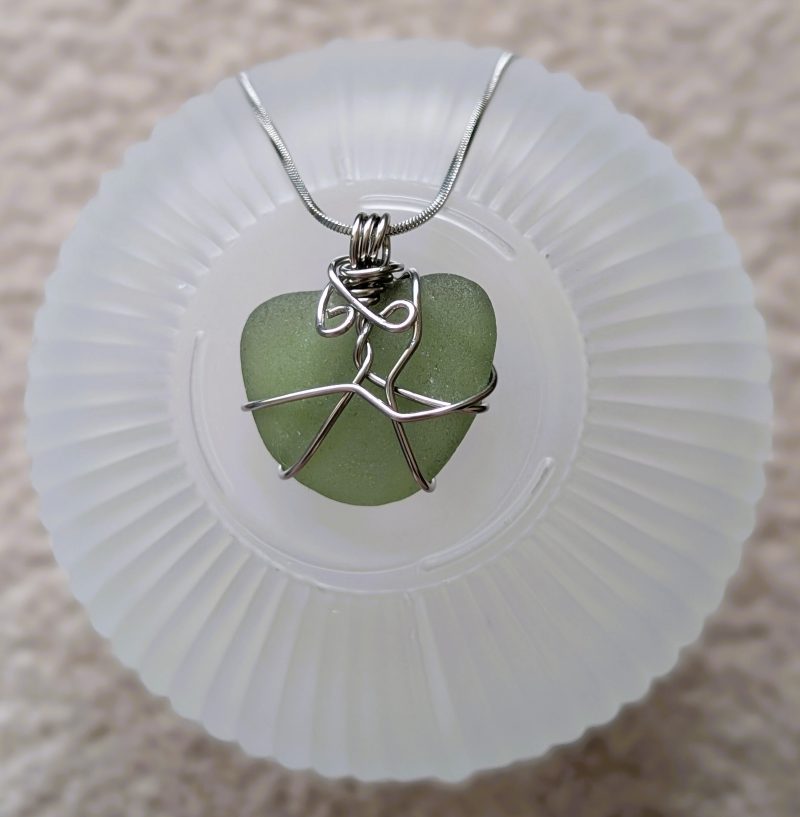 Handmade Olive Green Sea Glass Necklace with Stainless Steel Chain