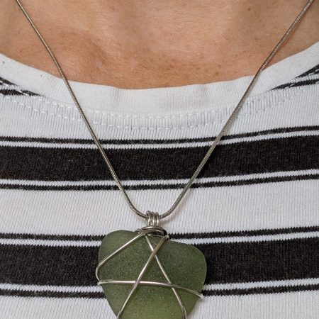 Handmade Olive Green Sea Glass Necklace with Stainless Steel Chain