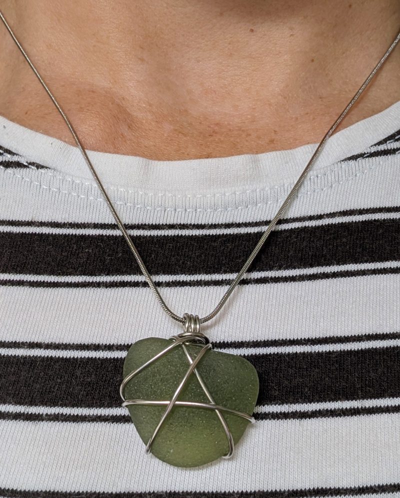 Handmade Olive Green Sea Glass Necklace with Stainless Steel Chain