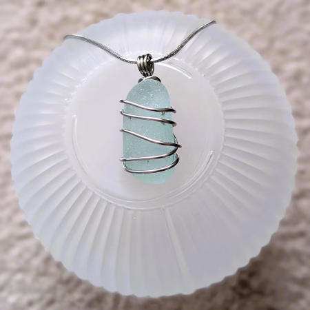 Handmade Pale Turquoise Sea Glass Necklace with Stainless Steel Chain