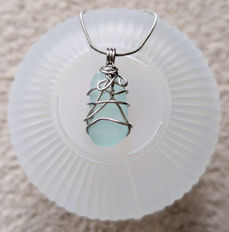 Handmade Pale Turquoise Sea Glass Necklace with Stainless Steel Chain