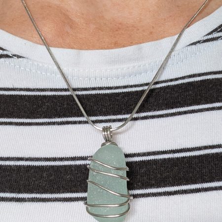 Handmade Pale Turquoise Sea Glass Necklace with Stainless Steel Chain