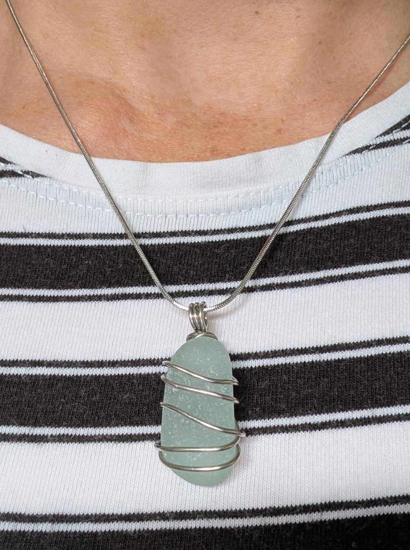 Handmade Pale Turquoise Sea Glass Necklace with Stainless Steel Chain