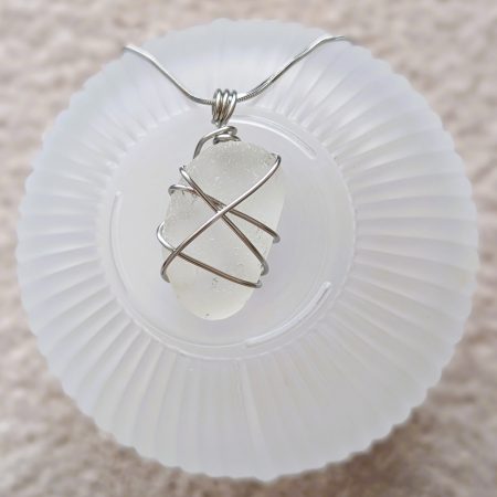 Handmade White Sea Glass Necklace with Stainless Steel Chain