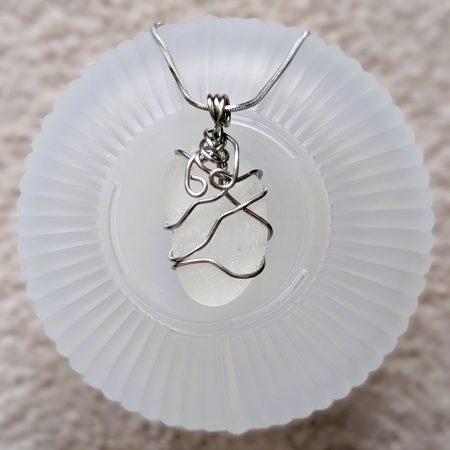 Handmade White Sea Glass Necklace with Stainless Steel Chain