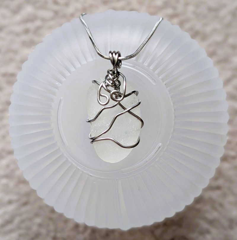 Handmade White Sea Glass Necklace with Stainless Steel Chain
