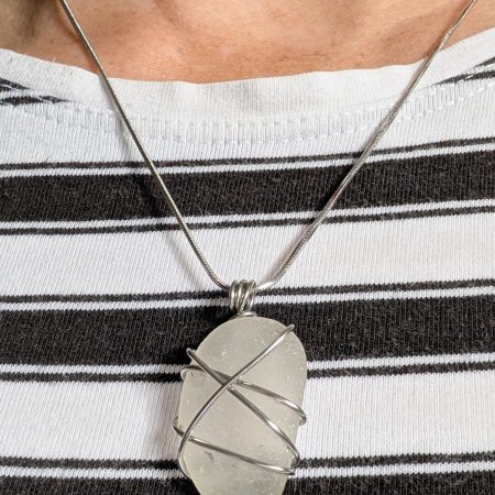 Handmade White Sea Glass Necklace with Stainless Steel Chain