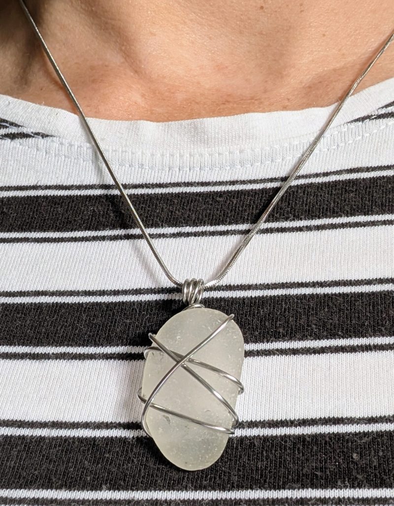 Handmade White Sea Glass Necklace with Stainless Steel Chain