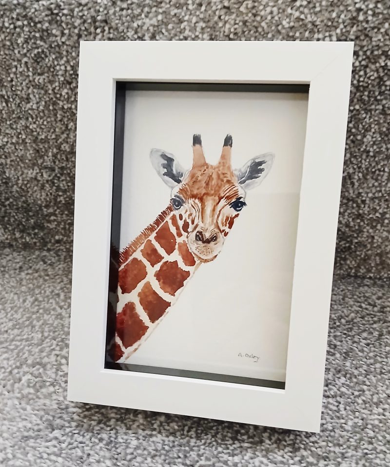 Handpainted Watercolour Giraffe in White Box Frame, 7x5 inches
