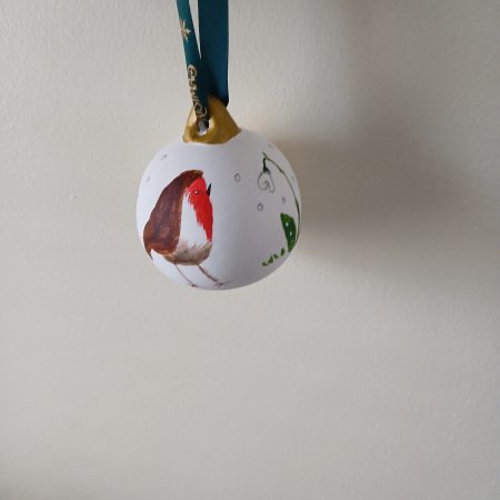 Robin ceramic Christmas handpainted bauble with wording