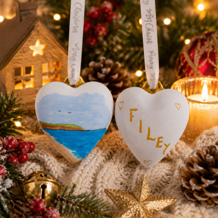 Handpainted Filey Heart Shaped Ceramic Christmas Bauble