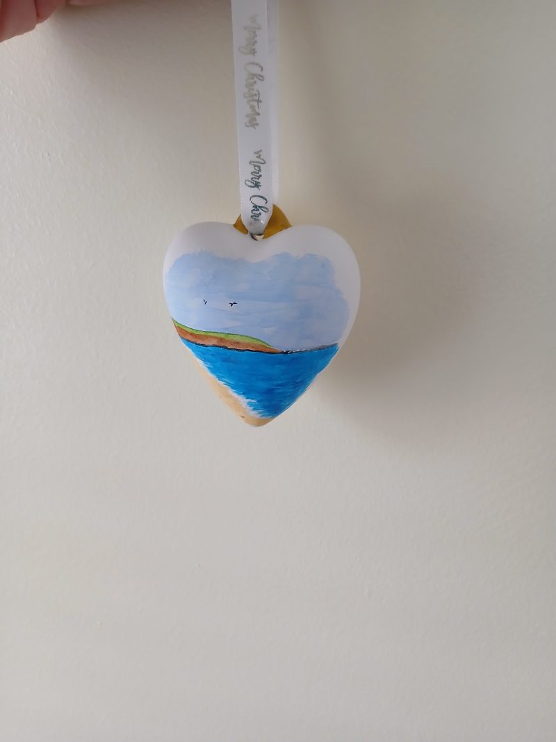 Handpainted Filey Heart Shaped Ceramic Christmas Bauble