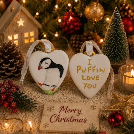 Hand-Painted Ceramic Puffin Bauble with 'I Puffin Love You' Message