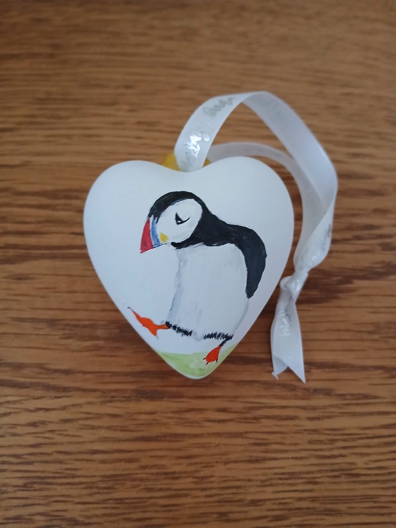 Hand-Painted Ceramic Puffin Bauble with 'I Puffin Love You' Message
