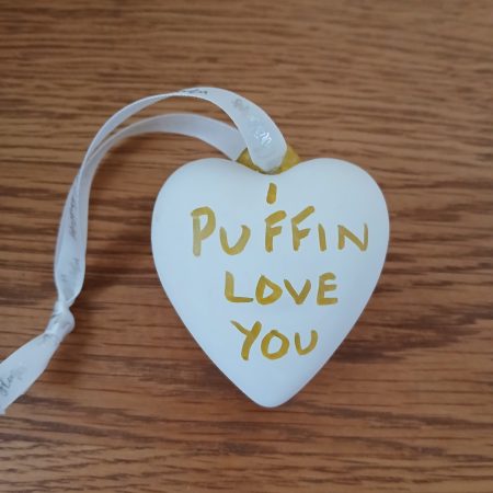 Hand-Painted Ceramic Puffin Bauble with 'I Puffin Love You' Message