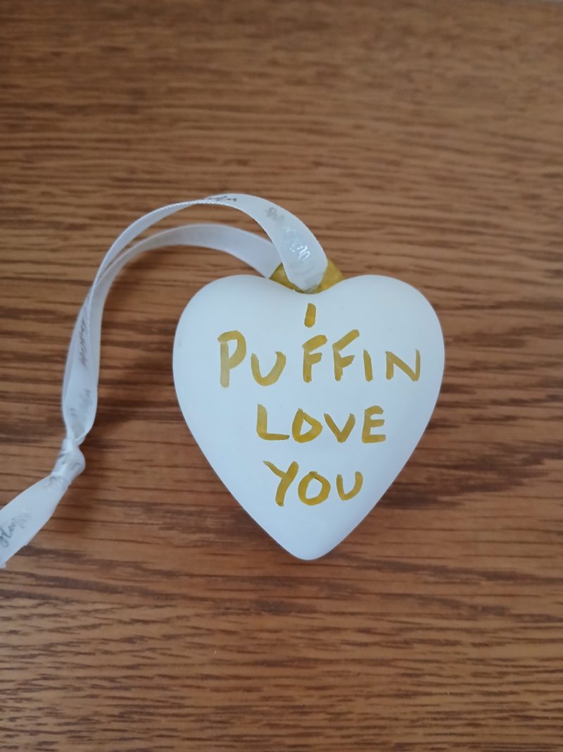 Hand-Painted Ceramic Puffin Bauble with 'I Puffin Love You' Message