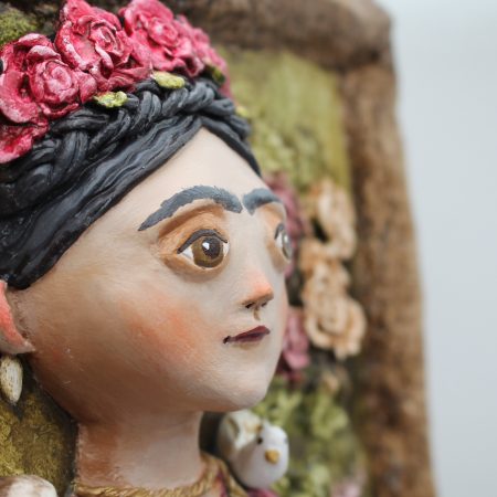 Handmade 3D Sculptural Portrait 'Rosalia Heartbloom' on Wooden Panel