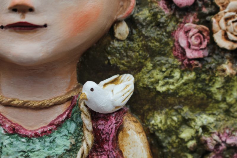 Handmade 3D Sculptural Portrait 'Rosalia Heartbloom' on Wooden Panel