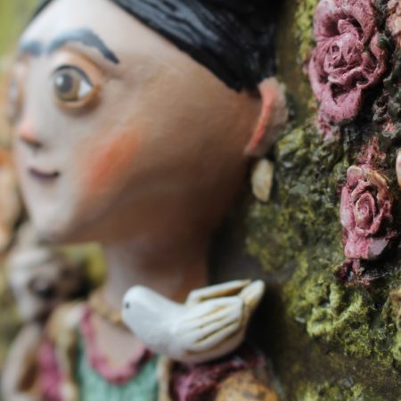 Handmade 3D Sculptural Portrait 'Rosalia Heartbloom' on Wooden Panel