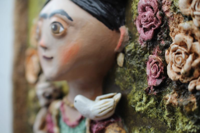 Handmade 3D Sculptural Portrait 'Rosalia Heartbloom' on Wooden Panel