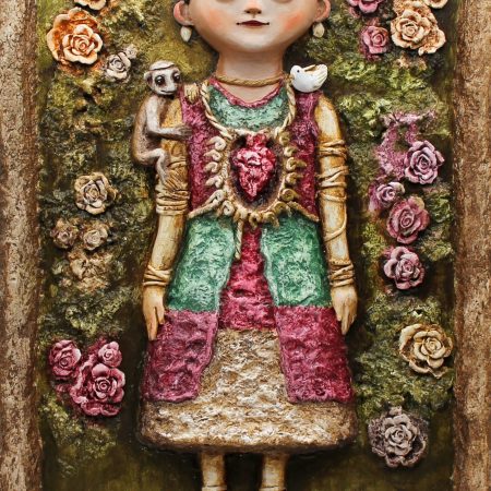 Handmade 3D Sculptural Portrait 'Rosalia Heartbloom' on Wooden Panel