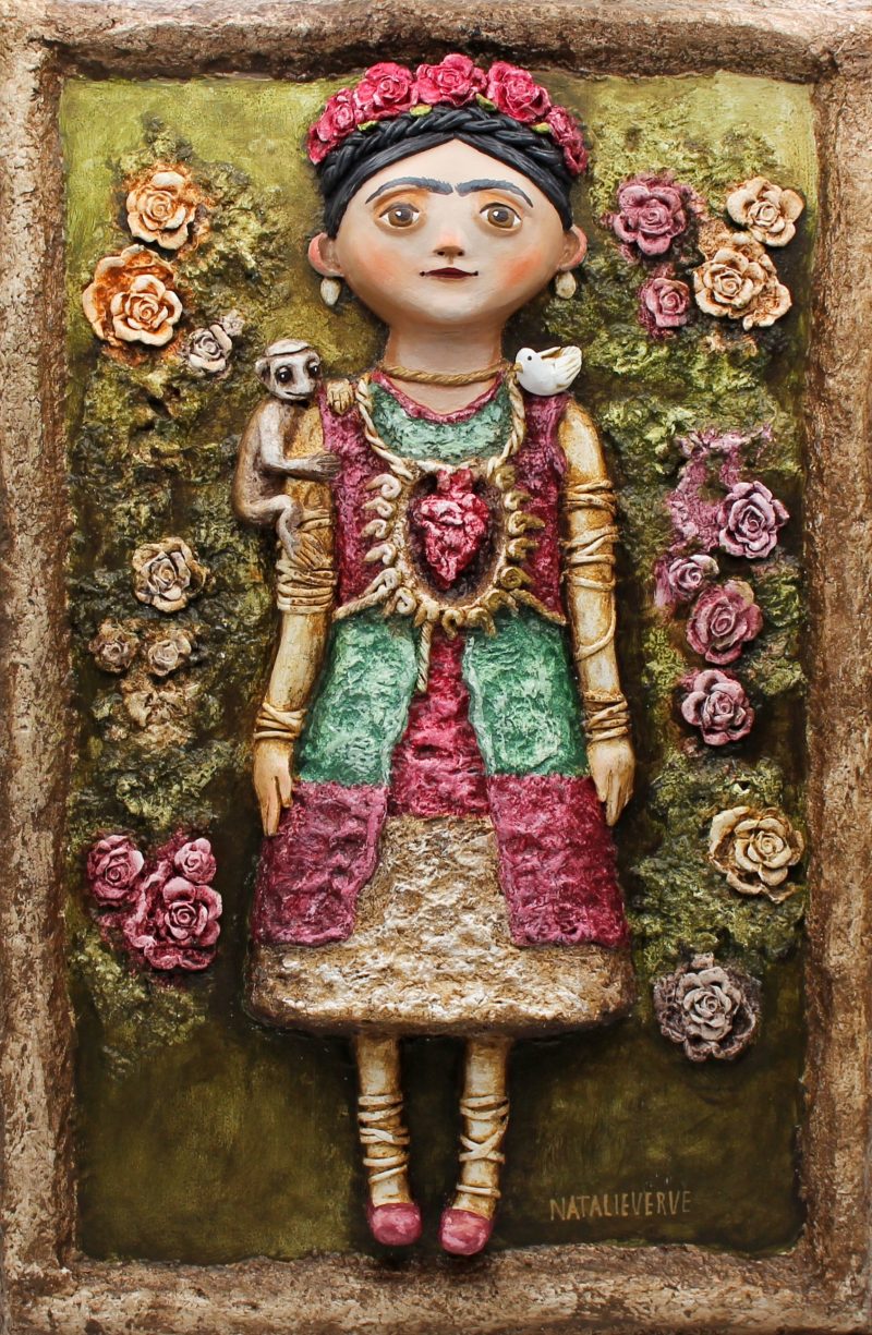 Handmade 3D Sculptural Portrait 'Rosalia Heartbloom' on Wooden Panel