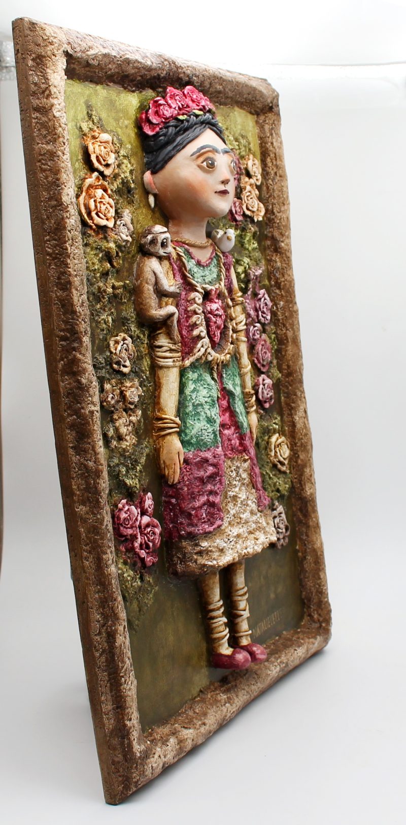 Handmade 3D Sculptural Portrait 'Rosalia Heartbloom' on Wooden Panel