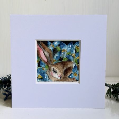 Mounted Original ACEO Resting hare rabbit with blue flowers watercolour