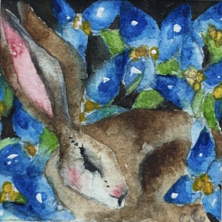 Mounted Original ACEO Resting hare rabbit with blue flowers watercolour