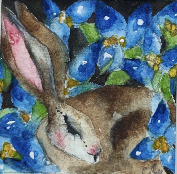 Mounted Original ACEO Resting hare rabbit with blue flowers watercolour