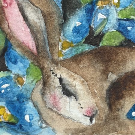 Mounted Original ACEO Resting hare rabbit with blue flowers watercolour