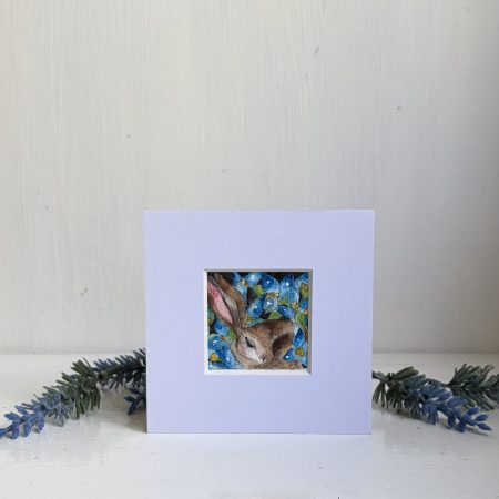 Mounted Original ACEO Resting hare rabbit with blue flowers watercolour