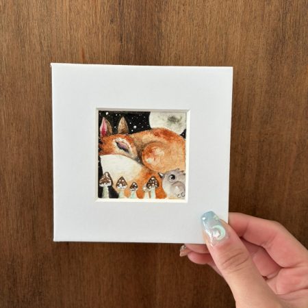 Mounted Original ACEO Watercolour Resting Red Fox and Bird in Moonlight