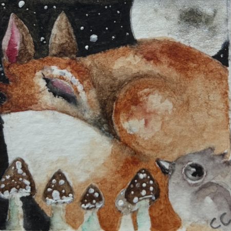 Mounted Original ACEO Watercolour Resting Red Fox and Bird in Moonlight