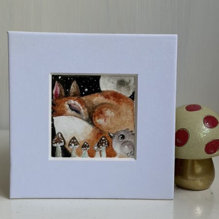 Mounted Original ACEO Watercolour Resting Red Fox and Bird in Moonlight