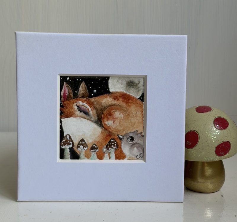 Mounted Original ACEO Watercolour Resting Red Fox and Bird in Moonlight