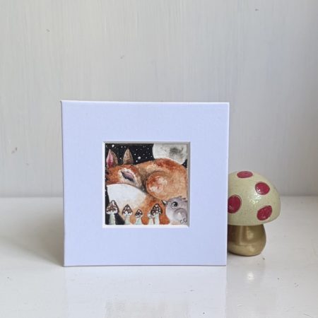 Mounted Original ACEO Watercolour Resting Red Fox and Bird in Moonlight