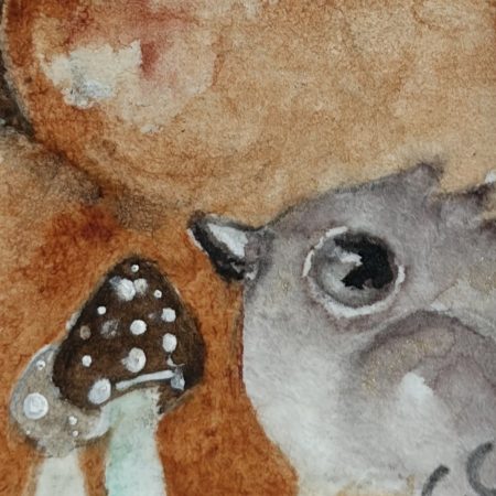 Mounted Original ACEO Watercolour Resting Red Fox and Bird in Moonlight