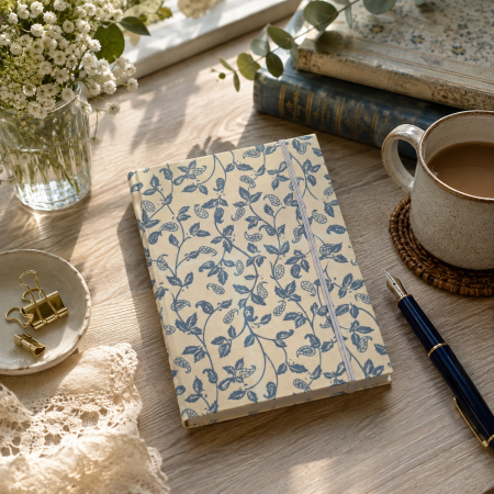 Handmade Blue Botanical Fabric Notebook – A6 Lined Journal