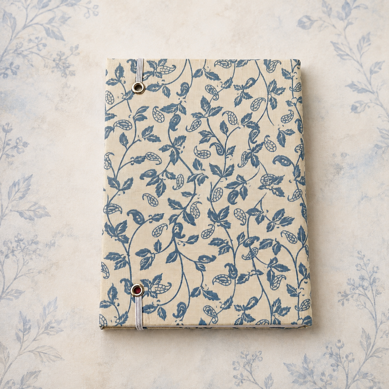 Handmade Blue Botanical Fabric Notebook – A6 Lined Journal