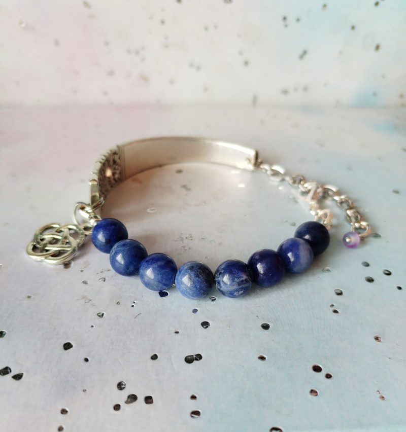 Handcrafted Silver Plated Spoon Handle Bracelet with Sodalite beads Choice of Charm.