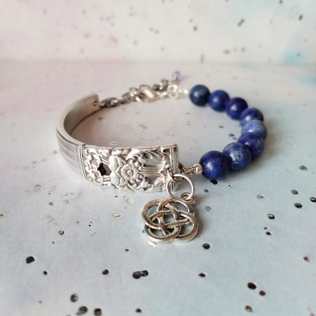 Handcrafted Silver Plated Spoon Handle Bracelet with Sodalite beads Choice of Charm.