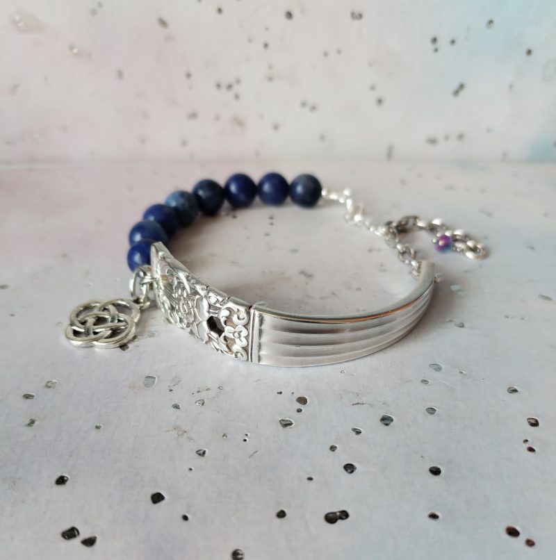 Handcrafted Silver Plated Spoon Handle Bracelet with Sodalite beads Choice of Charm.