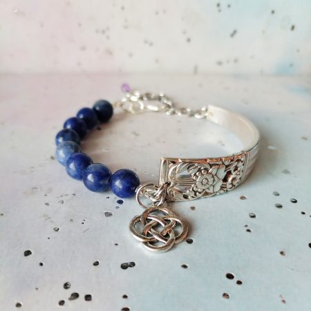 Handcrafted Silver Plated Spoon Handle Bracelet with Sodalite beads Choice of Charm.