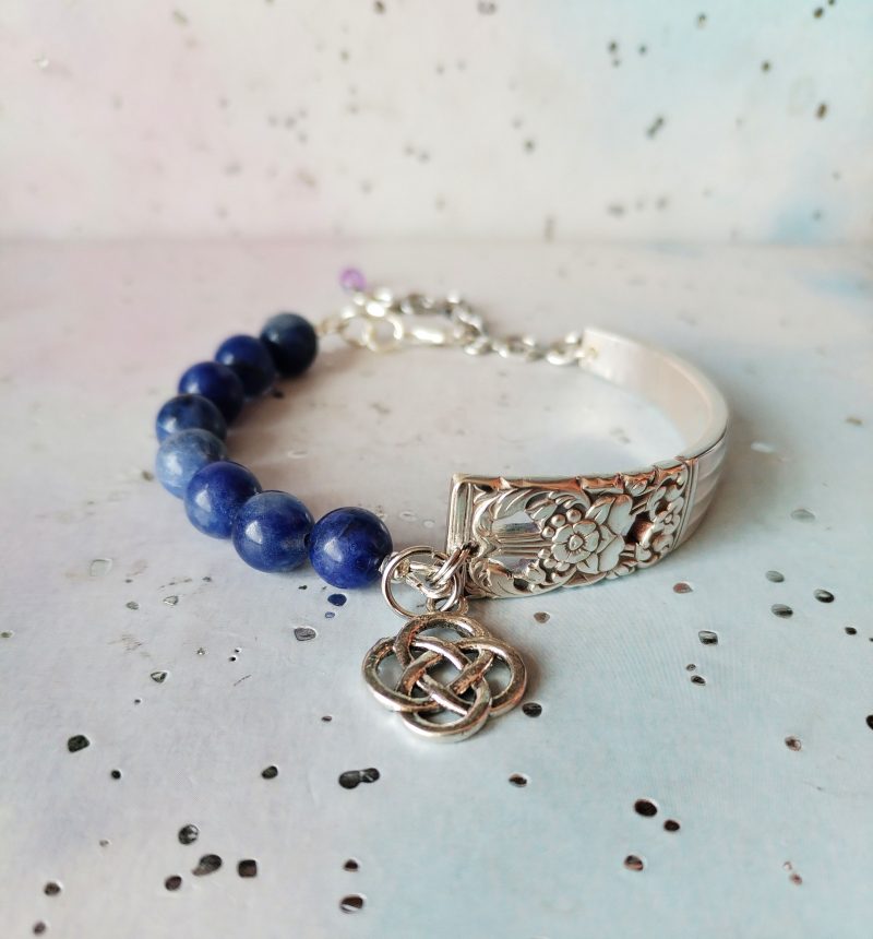 Handcrafted Silver Plated Spoon Handle Bracelet with Sodalite beads Choice of Charm.