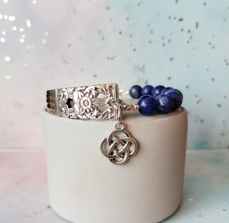 Handcrafted Silver Plated Spoon Handle Bracelet with Sodalite beads Choice of Charm.